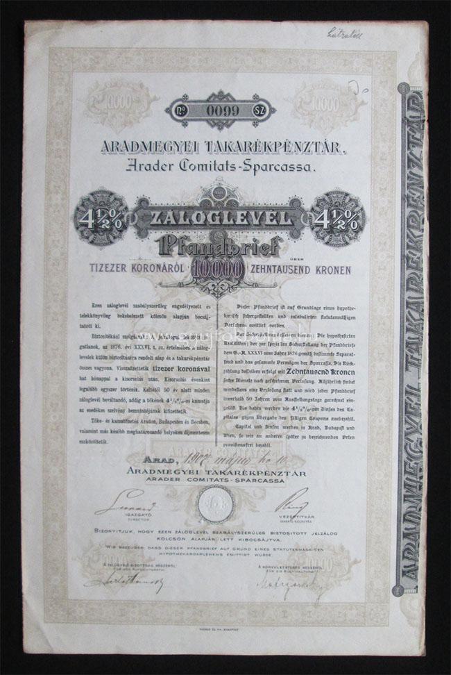 Aradmegyei Takarékpénztár záloglevél 10000 korona 1907